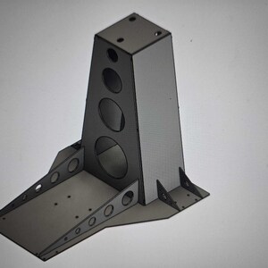 May include: A black metal stand with a rectangular base and a tall, rectangular column with four circular cutouts. The stand has a flat top and a series of angled supports extending from the base to the column.