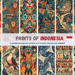 May include: Twelve digital paper designs featuring Indonesian motifs. The designs include jungle animals, traditional patterns, and architecture. Each design is 12 inches by 12 inches and 300 DPI.
