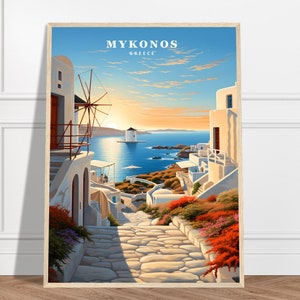 ミコノス旅行プリント | ギリシャ旅行プリントコレクション | ギリシャの島のプリント、都市アート、水のプリント、額入り壁アート、島のプリント