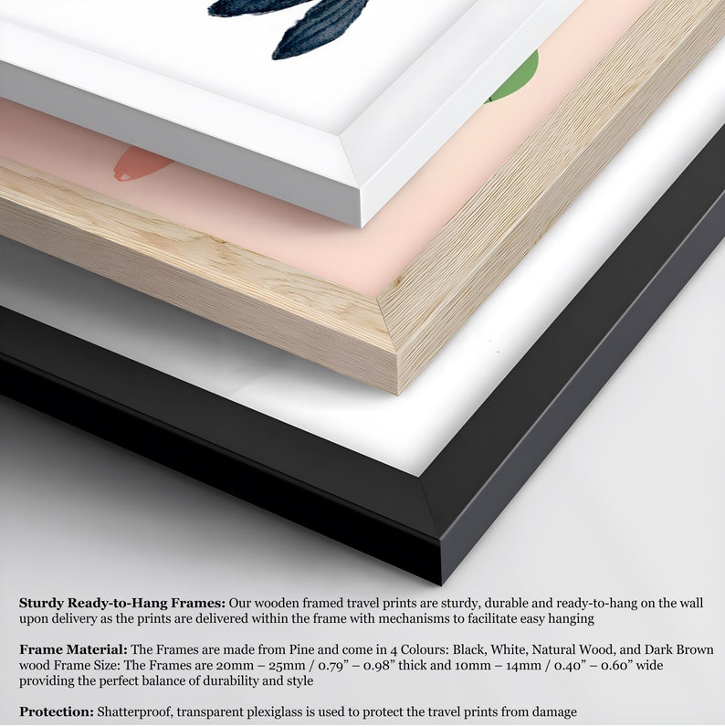 May include: Three wooden picture frames in different colors: white, natural wood, and black. The frames are 0.79 to 0.98 inches thick and 0.40 to 0.60 inches wide. The frames are made from pine wood and come with easy-to-hang mechanisms.