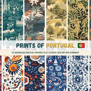 Essence of Portugal 12 papiers numériques sans couture 12x12 pouces 300 DPI - Influences, y compris Azulejo Tiles, Barcelos Rooster & Manueline Architecture