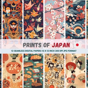 Enchanting Essence of Japan 12 Seamless Digital Papers 12x12 Zoll 300 DPI - Einflüsse umfassen Kirschblüten, Origami, Kabuki & Manga