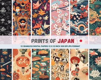 May include: Twelve digital paper designs featuring Japanese themes. The designs include cherry blossoms, origami cranes, sushi, lanterns, and traditional Japanese clothing. Each design is 12 inches by 12 inches and 300 DPI.