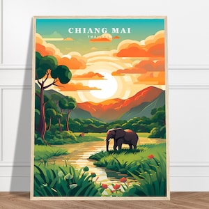 Chiang Mai Elephant Nature Park Travel Print | Thailand Travel Print Collection | Elephant Print, Nature Poster, Framed Poster, Sunset Print