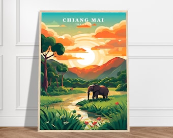 Chiang Mai Elephant Nature Park Travel Print | Thailand Travel Print Collection | Elephant Print, Nature Poster, Framed Poster, Sunset Print