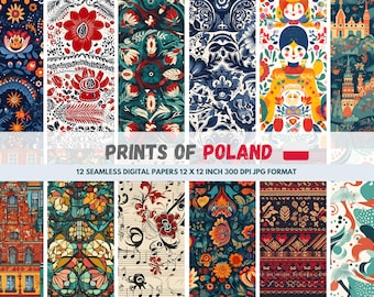 Essence of Poland 12 Seamless Digital Papers 12x12 Inch 300 DPI - Influences include Polish Pottery and Lacework & Kashubian Embroidery