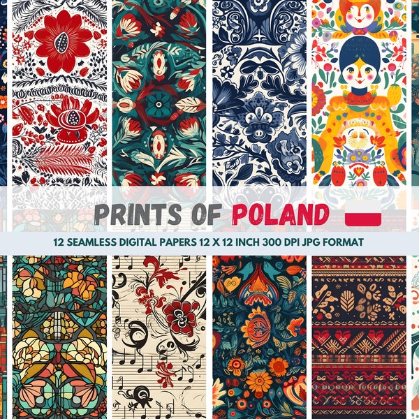 Essence of Poland 12 Seamless Digital Papers 12x12 Inch 300 DPI - Influences include Polish Pottery and Lacework & Kashubian Embroidery