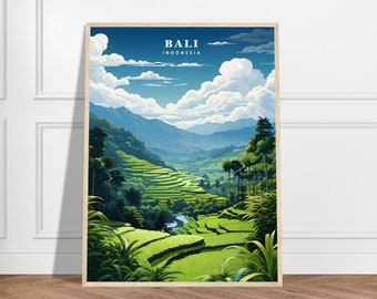 May include: A vibrant illustration of a lush green rice paddy terrace landscape in Bali, Indonesia. The image features a valley with rolling hills, a winding river, and a bright blue sky with fluffy white clouds. The text "BALI INDONESIA" is displayed at the top of the image.