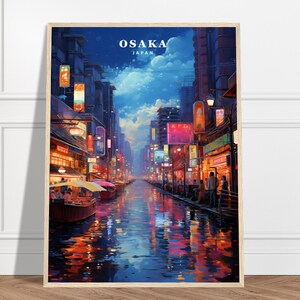 May include: A digital painting of a nighttime cityscape in Osaka, Japan. The image features a canal with boats and reflections of the city lights. The text "OSAKA JAPAN" is visible at the top of the image.