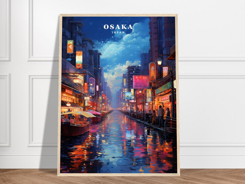 May include: A digital painting of a nighttime cityscape in Osaka, Japan. The image features a canal with boats and reflections of the city lights. The text "OSAKA JAPAN" is visible at the top of the image.