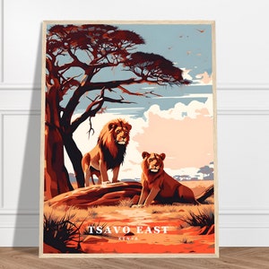 Tsavo East Travel Print | Kenya Travel Print Collection | African Art, Savannah Art, Nature Print, Lion Art, Wildlife Art, African Adventure
