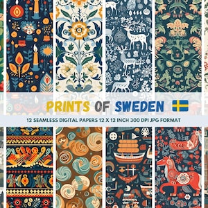 Serenity of Sweden 12 papiers numériques sans couture 12x12 pouces 300 DPI - Influences incl Midsummer, the Viking Era, Dala Horse and Gustavian Style