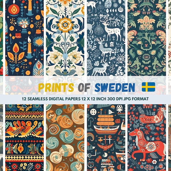 Serenity of Sweden 12 Seamless Digital Papers 12x12 Inch 300 DPI - Influences incl Midsummer, the Viking Era, Dala Horse and Gustavian Style