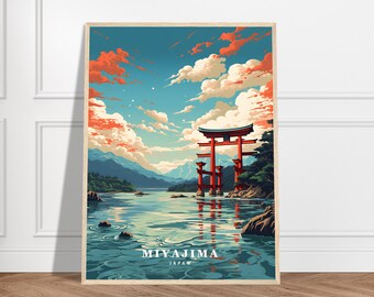 May include: A vibrant illustration of Miyajima Island in Japan, featuring a red torii gate partially submerged in the water. The gate is surrounded by lush green trees and mountains, with a blue sky and fluffy white clouds above. The text "MIYAJIMA JAPAN" is displayed at the bottom of the image.