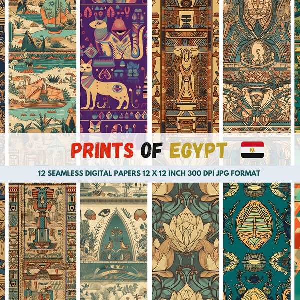 Mystical Egypt 12 Seamless Digital Papers 12x12 Inch 300 DPI - Influences include the Sphinx, Pyramids, the Nile, Egyptian Cats & Jewellery
