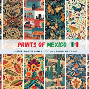 Viva la Mexico 12 papiers numériques sans soudure 12x12 pouces 300 DPI - Influencés par Talavera, Mariachi, Otomi, Dia de los Muertos et les Aztèques
