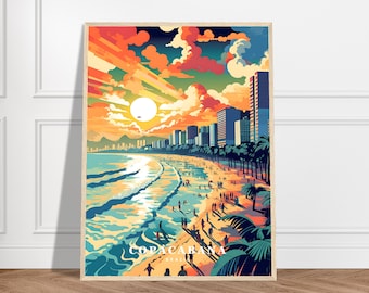 May include: A colourful illustration of Copacabana Beach in Rio de Janeiro, Brazil. The image features a vibrant sunset sky, palm trees, a beach with people, and high-rise buildings in the background.