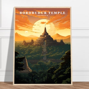 Borobudur Temple Travel Print | Indonesia Travel Print Collection | Central Java, Mount Merapi, Sunset Print, Framed Wall Art, Nature Print