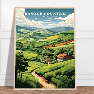 Impresión de viajes del País Vasco / Colección de impresiones de viajes de España / Euskadi, Impresión de paisaje, Cartel de la naturaleza, Arte de pared enmarcado, Impresión verde