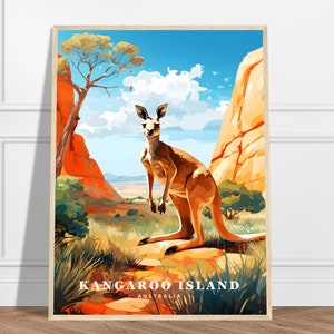 Kangaroo Island Travel Print | Australia Travel Print Collection | Kangaroo Art, Island Poster, Desert Landscape, Wall Art, Animal Print