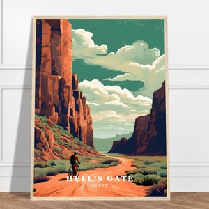 May include: A vintage travel poster featuring a cyclist riding through a canyon with red rock cliffs and a blue sky with white clouds. The text on the poster reads "Hell's Gate, Kenya."