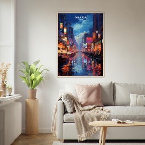 May include: A painting of a nighttime cityscape in Osaka, Japan. The painting features a canal with boats and reflections of the city lights. The buildings are tall and narrow, with many signs and lights. The sky is dark blue with a few clouds.