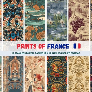 May include: Twelve digital paper designs featuring French-inspired patterns. The patterns include floral, geometric, and architectural motifs. The papers are 12 inches by 12 inches and 300 DPI.