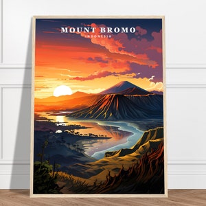 Op de afbeelding: Een kleurrijke illustratie van de Mount Bromo in Indonesië, een vulkaan met een grote krater en een rivier die door het landschap slingert. De lucht is fel oranje en roze, met wolken in de verte. De tekst "MOUNT BROMO INDONESIË" staat bovenaan de afbeelding.