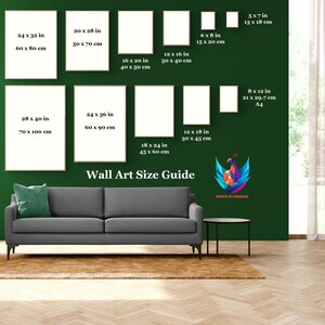 May include: A wall art size guide with different frame sizes in inches and centimeters. The guide is displayed on a green wall with a couch and a rug in front of it.