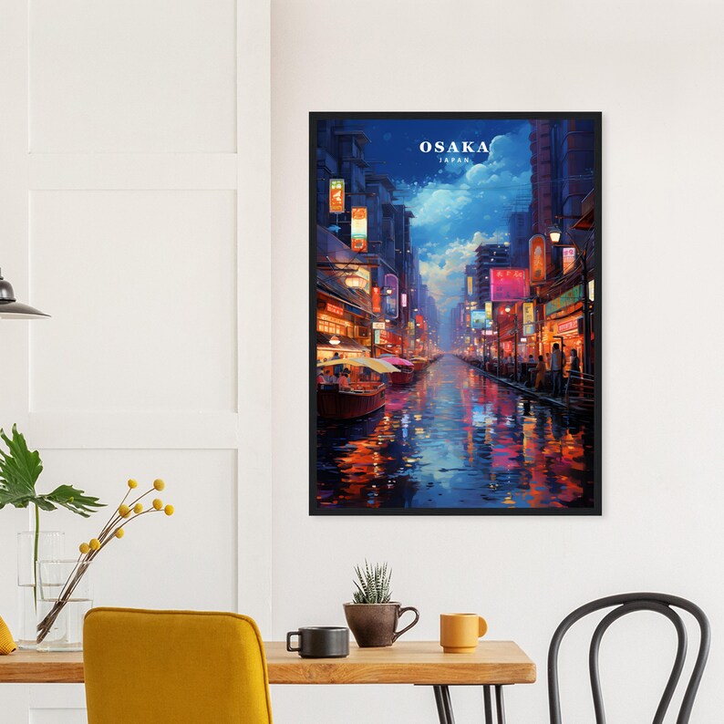 May include: A digital painting of a nighttime scene in Osaka, Japan. The painting depicts a narrow canal lined with buildings and streetlights. The water reflects the lights of the city, creating a colorful and vibrant scene.