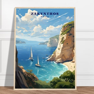 Zakynthos Travel Print | Greece Travel Print Collection | Greek Island Print, Boat Print, Framed Wall Art, Water Print, Mountain Print