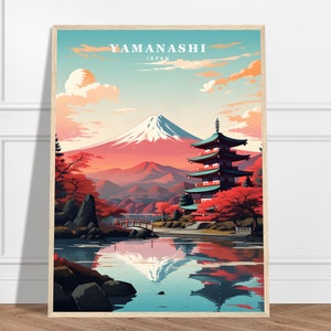 Yamanashi Travel Print | Japan Travel Print Collection | Chureito Pagoda, Mount Fuji Print, Mountain Print, Framed Poster, Colourful Artwork