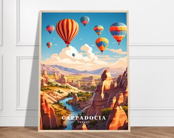 May include: A colorful poster featuring a scenic view of Cappadocia, Turkey, with hot air balloons floating in the sky above a landscape of rock formations. The poster includes the text "Cappadocia, Turkey".