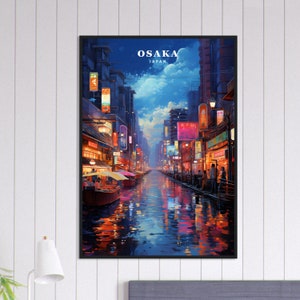 May include: A painting of a nighttime cityscape in Osaka, Japan. The painting features a canal with boats and reflections of the city lights. The buildings are tall and narrow, with many signs and lights. The sky is a deep blue with a few clouds.