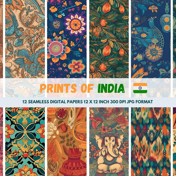 Ethos of India 12 Seamless Digital Papers 12x12 Inch 300 DPI - Influences include Rangoli, Ikat, Paisley Motif, the Taj Mahal and Ganesha