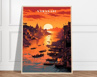 Varanasi Travel Print | India Travel Print Collection | Varanasi Ghats Art, Ganges Print, Spiritual Art, Sunset Art, Sacred River Art