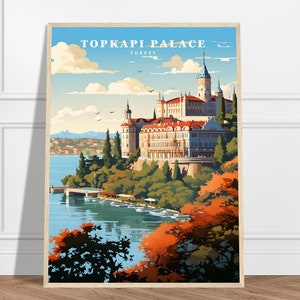 May include: A vintage travel poster depicting a colourful illustration of Topkapi Palace in Istanbul, Turkey. The palace is situated on a hill overlooking a body of water with boats and trees in the foreground.