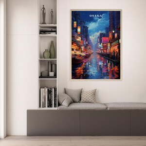 May include: A painting of a nighttime cityscape in Osaka, Japan. The painting features a canal with boats and reflections of the city lights. The sky is a dark blue with a few clouds. The buildings are lit up with neon signs and streetlights. The painting is framed in a wooden frame.
