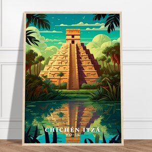 Lámina de viaje a Chichén Itzá / Colección de láminas de viaje a México / Arte mural, Arquitectura maya, Arte de la pirámide de Kulkulkan, Arte de regalo, Láminas de naturaleza