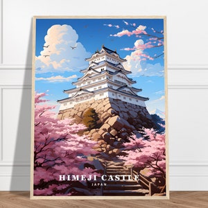 Himeji Castle Travel Print | Japan Travel Print Collection | White Heron Castle, UNESCO World Heritage Site, Framed Poster, Cherry Blossom