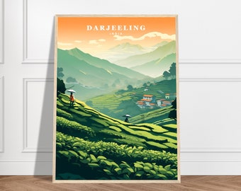 May include: A colorful illustration of a mountain landscape with green terraced fields and a small village in the distance. The text "DARJEELING INDIA" is at the top of the image.