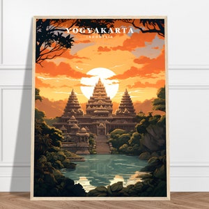 May include: A colourful illustration of a temple in Yogyakarta, Indonesia. The temple is surrounded by trees and a body of water. The sky is orange and yellow, with a large sun in the background. The text "YOGYAKARTA" and "INDONESIA" is printed at the top of the image.