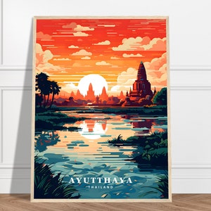 Ayutthaya Travel Print | Thailand Travel Print Collection | Historical Park, UNESCO World Heritage, Sunset Print, Water Poster, Framed Art