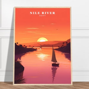 Nil Reise Poster | Ägypten Reise Print Kollektion | Naturdruck, ägyptische Kunst, Flussbootdruck, Sonnenuntergangdruck, altes Ägypten Kunst