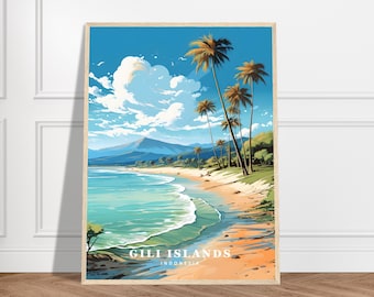 May include: A colorful illustration of a tropical beach scene with palm trees, blue water, and white sand. The text "Gili Islands, Indonesia" is at the bottom of the image.