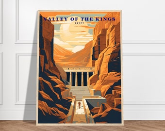 May include: A vintage travel poster with a retro illustration of the Valley of the Kings in Egypt. The poster features a narrow canyon with a large stone building at the end of the path. The text "Valley of the Kings" and "Egypt" is printed in blue on the poster.