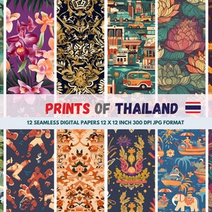 Encanto cautivador de Tailandia 12 Papeles digitales sin costuras 12x12 pulgadas 300 DPI - Las influencias incluyen Lanna Kingdom, Orchids, Songkran y Bangkok