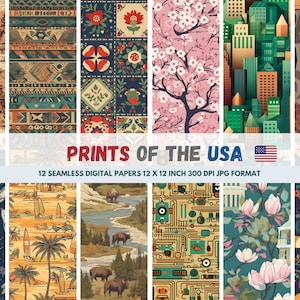 May include: A set of 12 digital paper designs featuring various American themes, including a cityscape, a desert landscape, a floral pattern, and a space exploration design. Each design is 12 inches by 12 inches and 300 DPI.