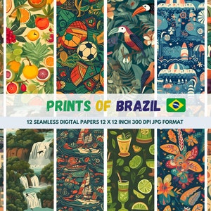 Vibrant Brazil 12 papéis digitais sem costura 12x12 polegadas 300 DPI - Influências incluem Amazônia, Carnaval, Copacabana, Futebol e Caipirinha