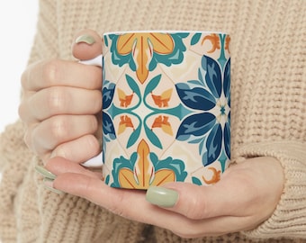 Floral Tile Pattern Coffee Mug, Floral Coffee Mug, Abstract Coffee Mug, Floral Tile Coffee Mug, Trippy Mug, Colorful Coffee Mug, Artsy Mug